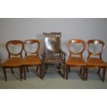 Set of four Victorian balloon back dining chairs / Early 20th Century brown painted rocking chair
