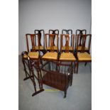 Set of eight harlequin dining chairs / 20th Century mahogany canterbury and towel rail