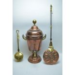 Victorian brass tea urn; chestnut roaster, and bed warming pan.