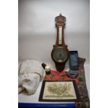 Barometer, crocheted tablecloth; and other items.