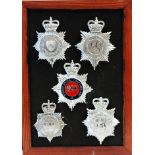 A collection of 20th Century Police helmet badges, framed.