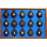 A collection of 20th Century police helmet badges, framed.