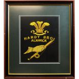 Hardy Display gold thread embroidery double-mounted in glazed frame.