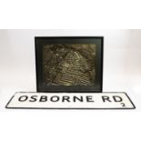 Vintage street sign; and framed aerial view of Jesmond, Newcastle.