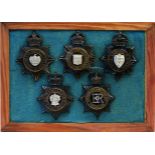 A collection of 20th Century Police helmet badges, framed.