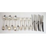 Sets of six silver tablespoons, forks and knives