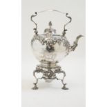 George III silver tea kettle on burner stand, by Pezé Pilleau