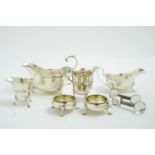 SilvergGravy boat, sauceboat, 2 cream jugs, pair silver salts, and a pair of knife rests