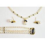 Pearl, diamond and sapphire necklace, bracelet and earrings