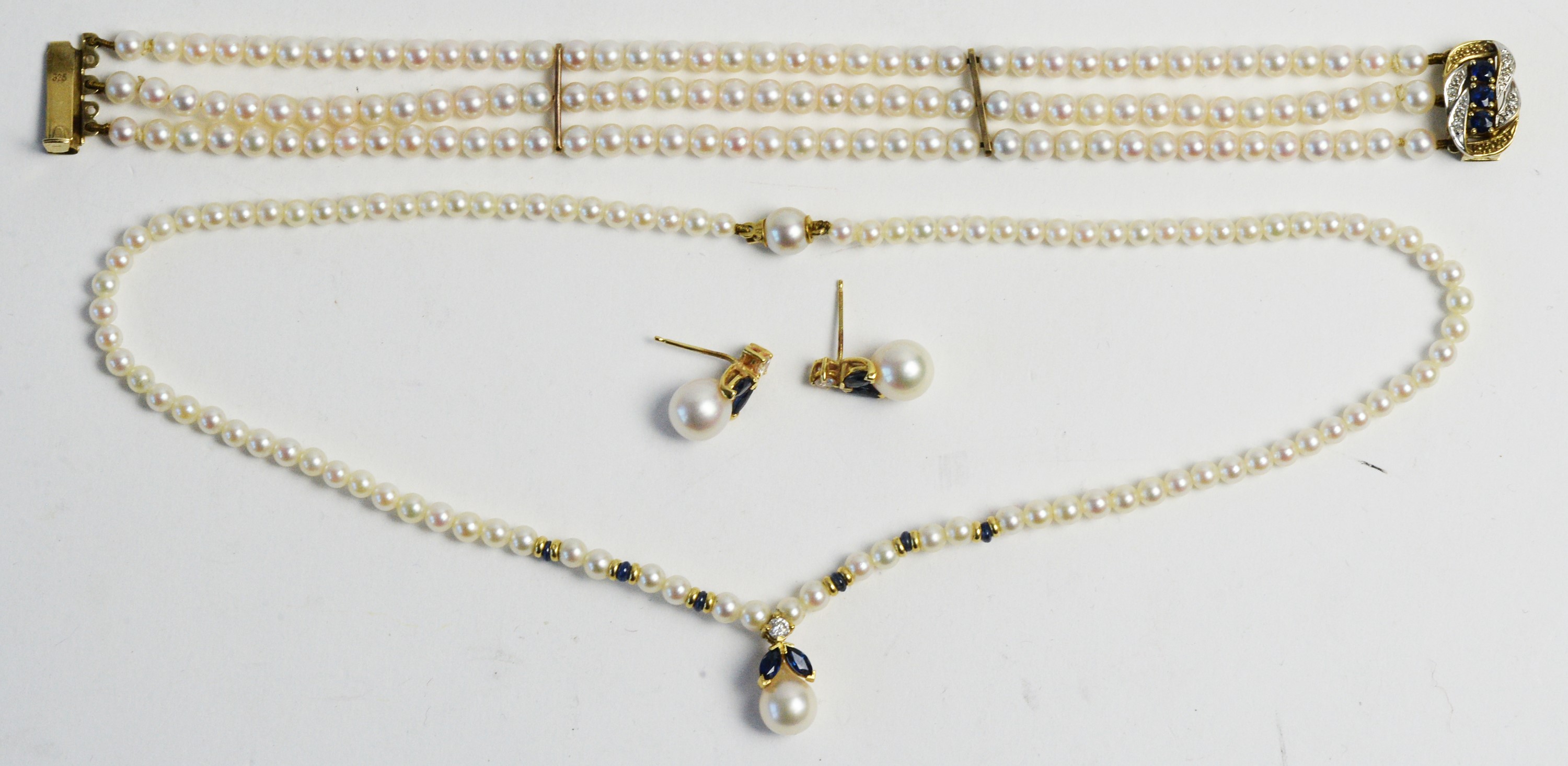 Pearl, diamond and sapphire necklace, bracelet and earrings - Image 6 of 6