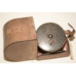 4 1/4in. fishing reel with box leather case.