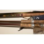 An Expert fishing rod; and two fibreglass rods.