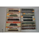 Fleischmann Piccolo N Gauge locomotives 7171, 7175, 7340, 7375, 7333; and eight coaches (13)