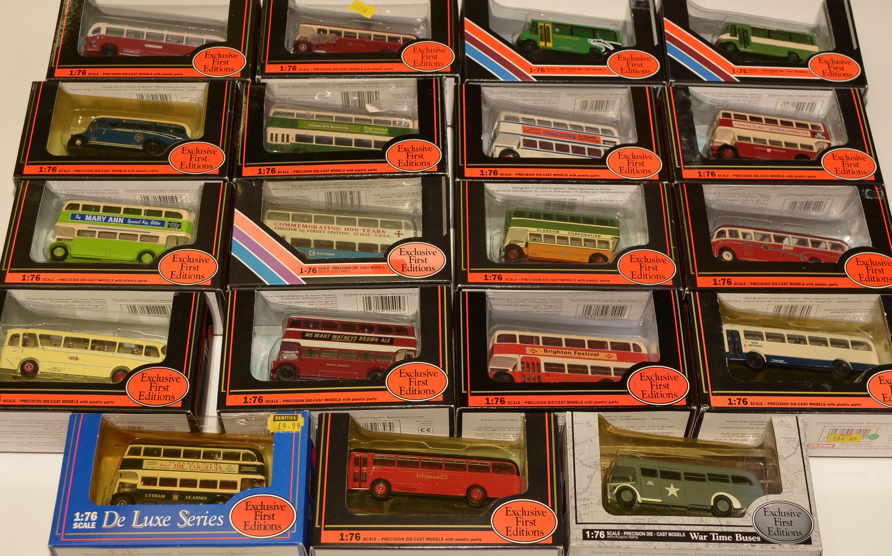 Nineteen 1:76 scale Exclusive first editions (EFE) diecast model buses, boxed.