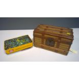 A Vintage dolls trunk and a box of vintage glass marbles.
