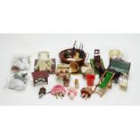 Four doll's house miniature dolls, miniature carpet sweepers, furnishings, etc.