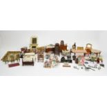 A large collection of doll's house dolls, furniture and other items.