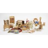 A collection of vintage miniature dolls and doll's furniture and other items.
