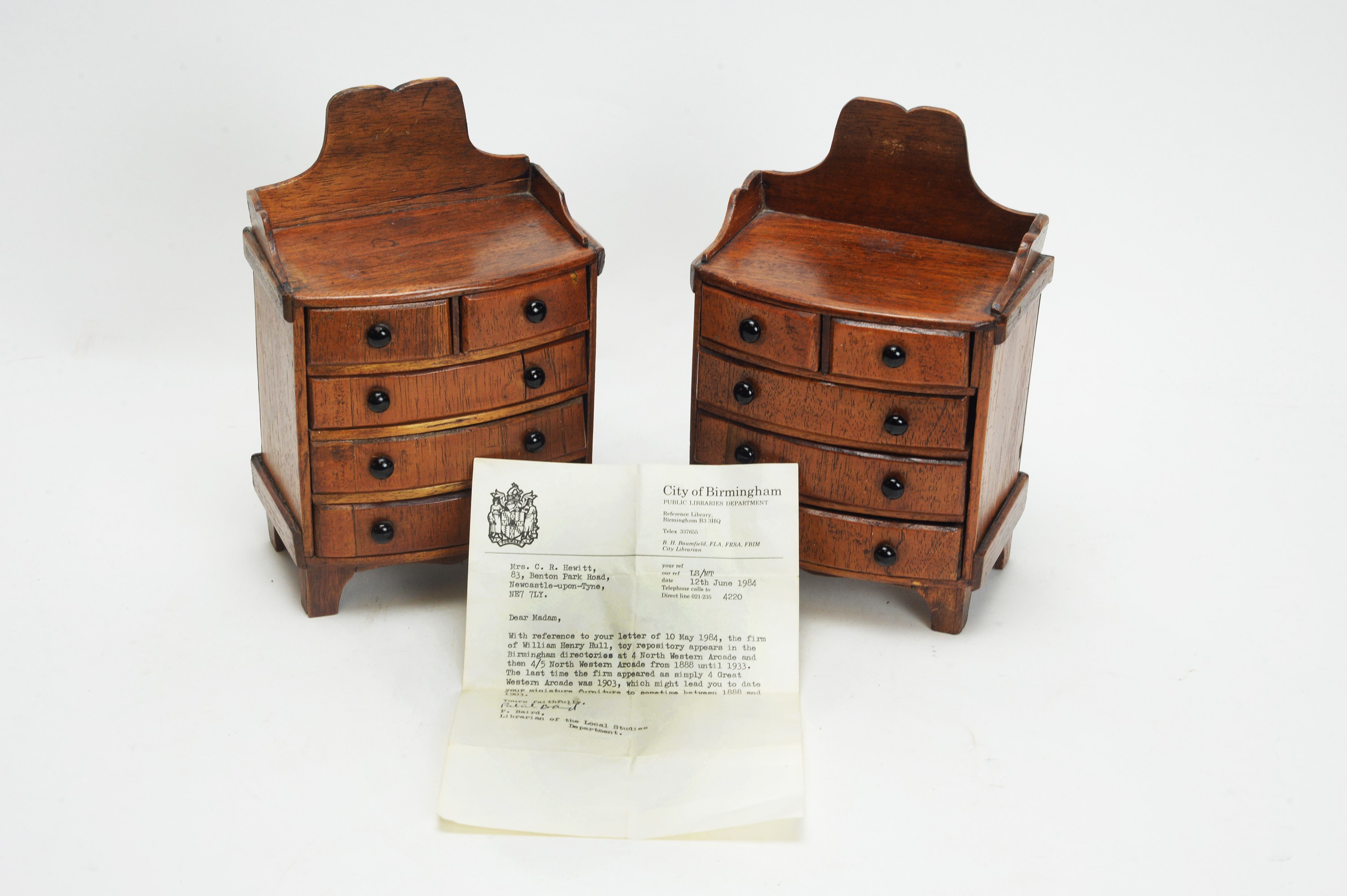 William Henry Hull, Birmingham: a pair of doll's miniature mahogany chests