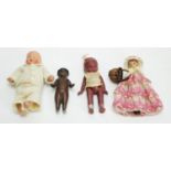 20th Century painted metal baby doll, and three other dolls, various.