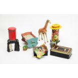 Japanese tinplate clockwork giraffe; sundry tinplate and other toys.