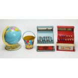 Toy cash tills/registers, a globe and sand bucket (4)