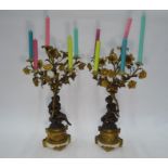 A pair of 19th century ormolu, patinated bronze and white marble five branch candelabra
