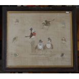 A framed embroidered panel and painting on fabric of robins in evening dress (2)
