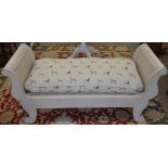 A cream painted scroll arm bench settle/window seat, taupe fabric seat cushion printed with