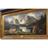 An extensive oil on canvas Alpine view