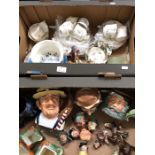 Two boxes of assorted china including Royal Doulton character jugs and others, cottage wares,