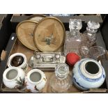 Mixed box to include Chinese provincial jar, silver plate, ink stand, glass decanter, Indian leaf