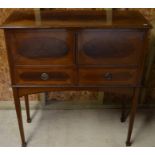 An Edwardian inlaid mahogany side cabinet with panelled doors over two drawers, raised on square