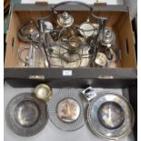 A box of electroplated wares to include three tier plate stand c/w plates, a teaset on large