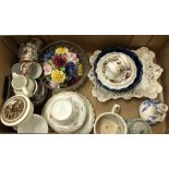 A mixed box of decorative china including Dresden and a handpainted rococo style rectangular dish