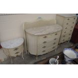 A French style marble top bedroom suite comprising a four drawer secretaire chest, a six drawer tall