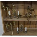 A brass three branch electrolier and two pairs of twin branch wall lights