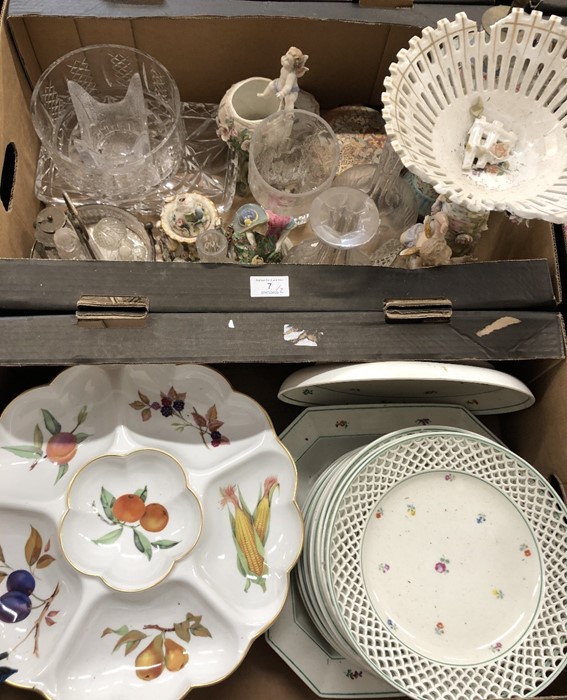 Two mixed boxes of china and glass including Royal Copenhagen reticulated plates (2)