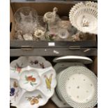 Two mixed boxes of china and glass including Royal Copenhagen reticulated plates (2)