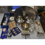 A box of electroplated ware to include four piece tea set, boxed soup ladle, cased cutlery and a
