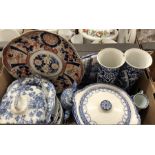A mixed box including Japanese Imari charger, various blue/white plates, tureens, cylindrical vases,