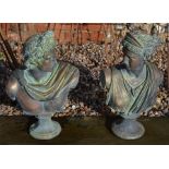 A pair of classical bronzed composite garden busts