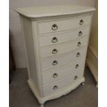 A 'Willis & Gambier' French style cream painted tallboy chest, serpentine front with six drawers