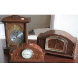 A small Edwardian inlaid mahogany mantle clock with enameled dial to/w a walnut cased mantle clock