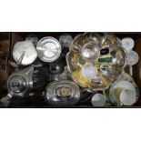 A mixed box to include electroplated ware including fruit bowl, teapot and sugar, cigarette case,