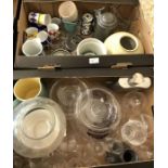 Two boxes of glass and ceramics including tazzas, two antique drinking glasses, studio pottery