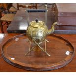 An Arts & Crafts brass kettle on stand to/w galleried mahogany inlaid oval tray (2)