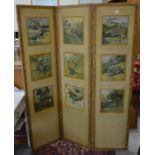 A vintage three-fold dressing screen decorated with prints of water and game fowl by Lynn Bogue