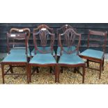 Seven various dining chairs, with matching turquoise upholstery (7)