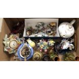 A mixed box of decorative wares including Wade Disney characters, Coalport clock, Meissen teapot